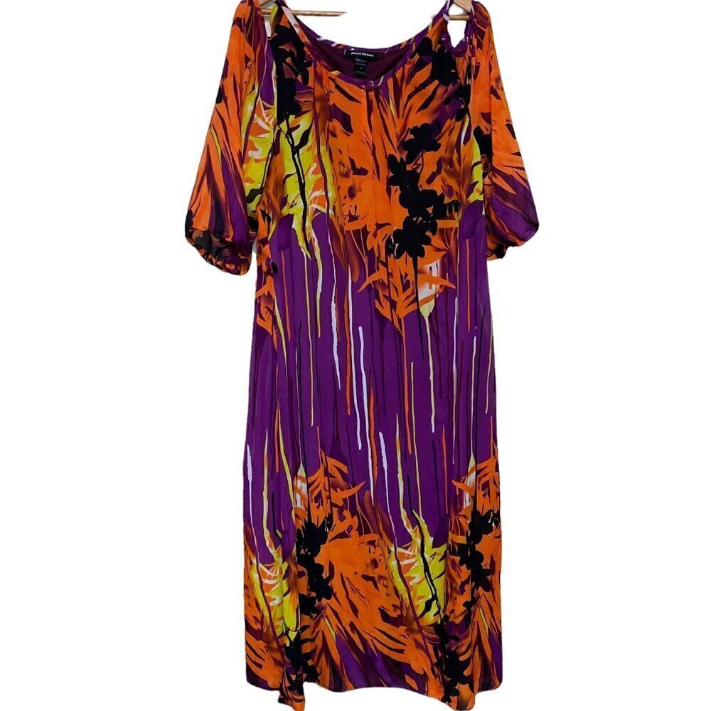 Ashley Stewart Cold Shoulder Abstract Midi Dress Size 16 Women's Purple Orange